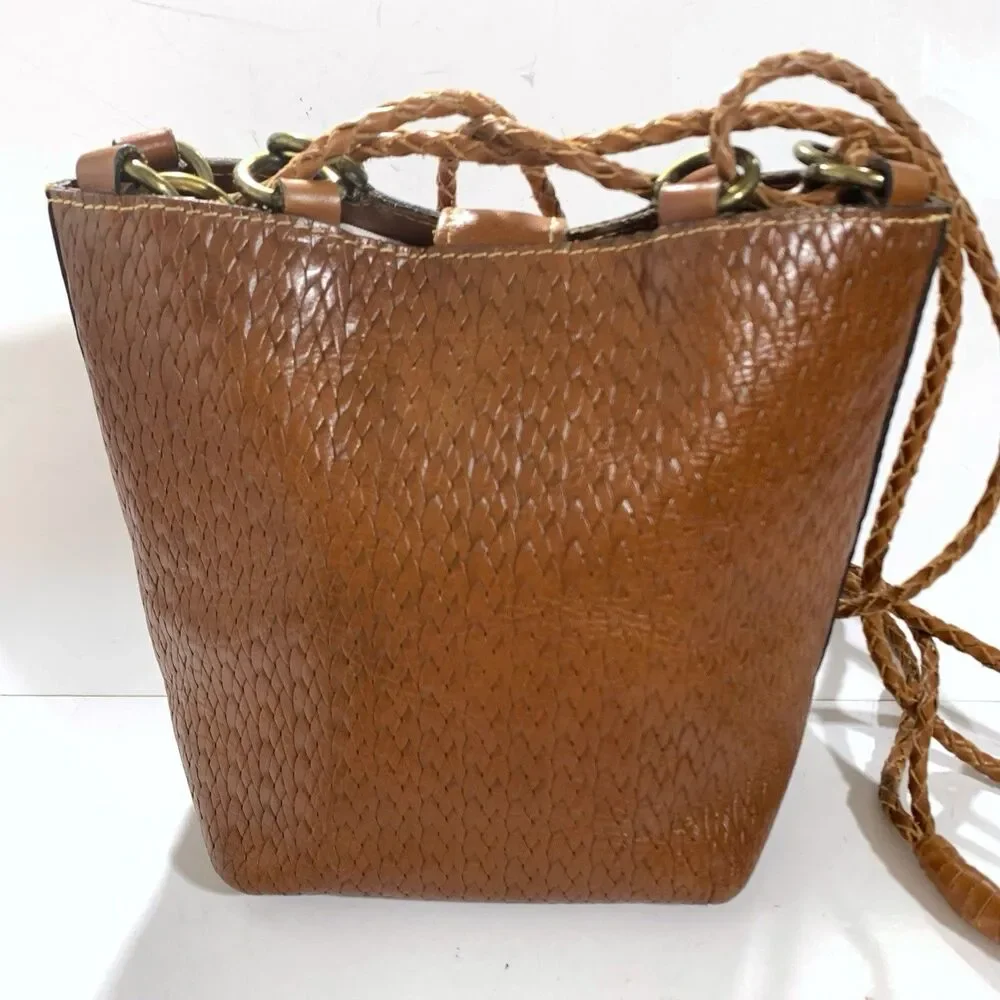 Patricia Nash Leather Weave Cognac Bucket Purse Women’s